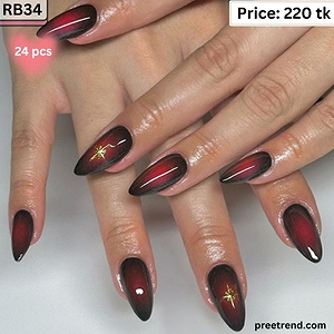 Printed Dark Plum Burgundy Cat Eye Shimmer Star Sparkle Almond Press On Nails (24 Pcs) - RB34
