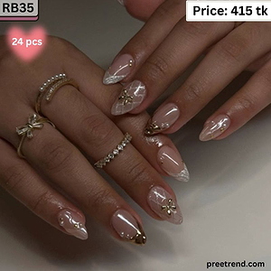 3D Metallic Gold Chrome Wave French Tip Gold Bow Charm Soft Pearl Almond Press On Nails (24 Pcs) - RB35