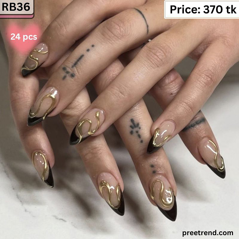 3D Liquid Metallic Gold Chrome Swirl Outline Black French Tip Nude Almond Press On Nails (24 Pcs) - RB36