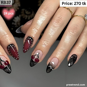 3D Red Cherry Fruit Charm Pearl Bead French Lace Black Ombre Medium Almond Press On Nails (24 Pcs) - RB37