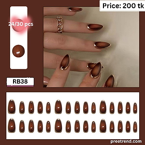 Printed Metallic Gold Border Rim Amber Brown Cat Eye Medium Almond Press On Nails (24-30 Pcs) - RB38