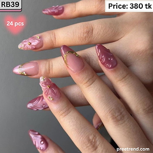 3D Embossed Floral Blossom Rhinestone Metallic Gold Swirl Mauve Purple Almond Press On Nails (24 Pcs) - RB39