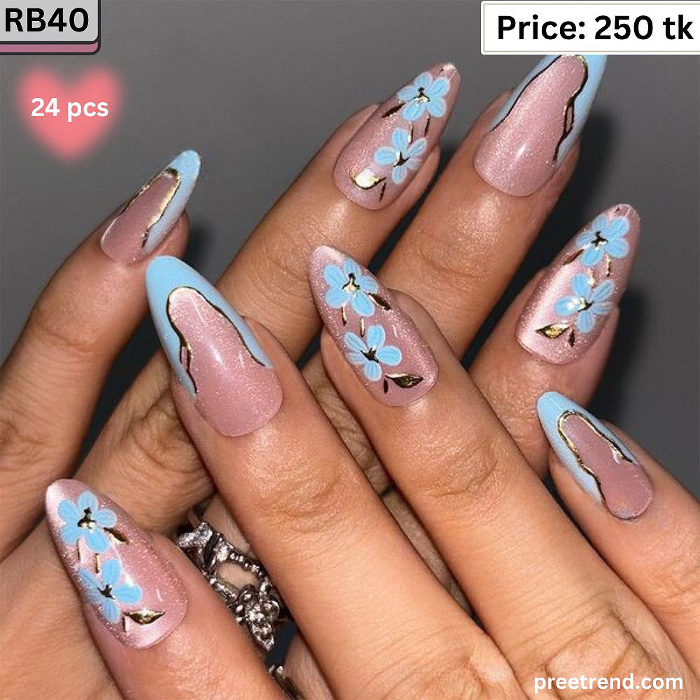 3D Liquid Metallic Chrome Frame Pastel Blue Flower Blossom Almond Press On Nails (24 Pcs) - RB40