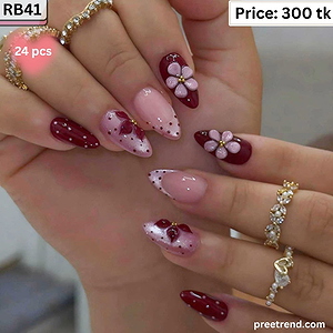 3D White Flower Blossom Pearl Bead Polka Dot French Deep Burgundy Almond Press On Nails (24 Pcs) - RB41
