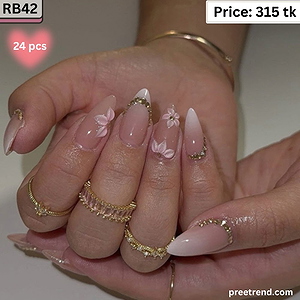 3D Crystal Rhinestone Curve Chain Floral Blossom Sheer Blush Pink Almond Press On Nails (24 Pcs) - RB42