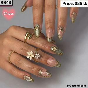 3D Metallic Gold Frame Floral Blossom Pearl Sage Olive Green French Almond Press On Nails (24 Pcs) - RB43