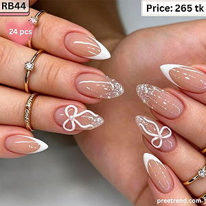3D White Ribbon Bow Pearl Bead Accent Classic White French Tip Medium Almond Press On Nails (24 Pcs) - RB44