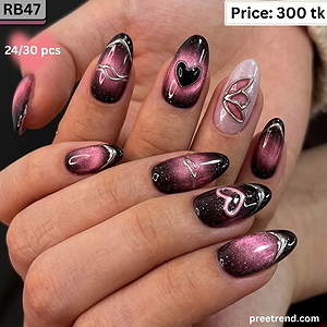 3D Metallic Silver Chrome Heart Butterfly Wing Deep Purple Cat Eye Medium Almond Press On Nails (24-30 Pcs) - RB47