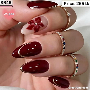 3D Red Flower Blossom Metallic Gold Curved Line Burgundy Almond Press On Nails (24 Pcs) - RB49