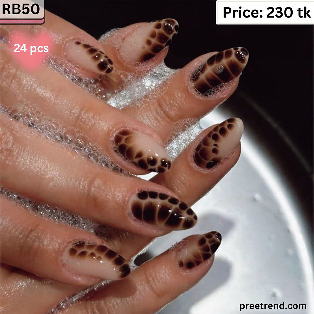 Printed Leopard Animal Print Sheer Nude Glossy Medium Almond Press On Nails (24 Pcs) - RB50
